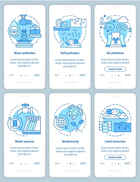 Earth resources and pollution issues onboarding mobile app page screen vector template. Biodiversity. Walkthrough website steps with linear illustrations. UX, UI, GUI smartphone interface concept