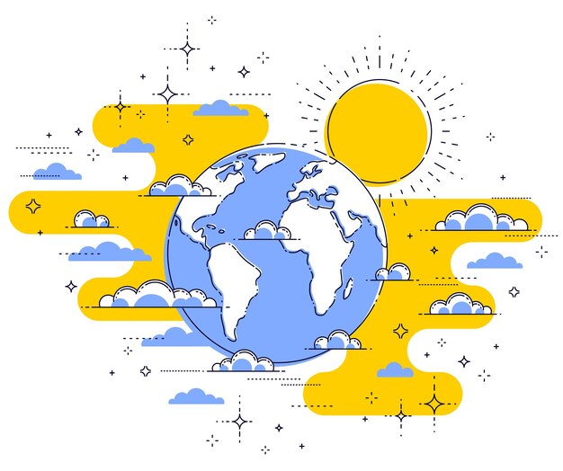 Earth in the sky surrounded by clouds beautiful thin line illustration isolated over white background, vector.