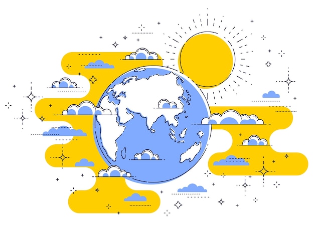 Terra nel cielo circondato da nuvole bella linea sottile illustrazione isolata su sfondo bianco, vettore.