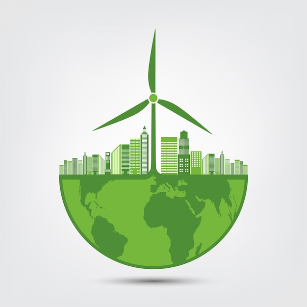 Earth symbol with green leaves around cities help the world with eco-friendly ideas