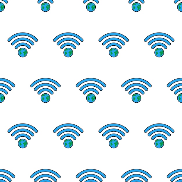 白い背景の上の地球Wifi信号のシームレスなパターン。グローバルネットワークテーマベクトル図