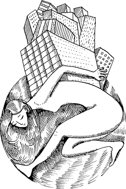 Vector earth woman bent under the pressure from the houses urbanization drawn by hand