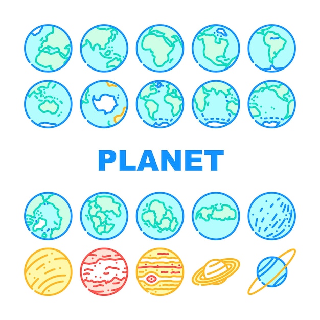 Earth world globe planet icons set vector map global graphic sphere environment ecology green nature eco continent earth world globe planet color line illustrations