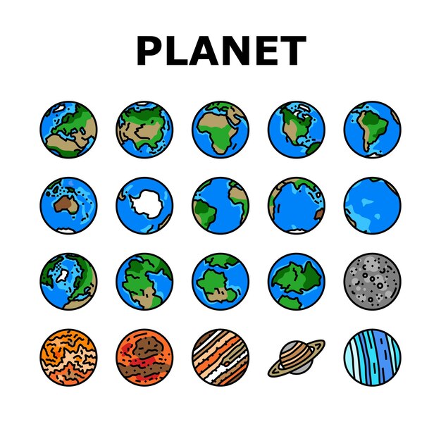 Le icone della mappa del globo del pianeta del mondo della terra hanno impostato il vettore