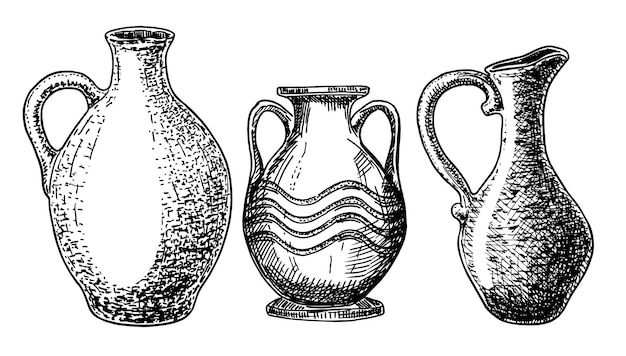 Earthenware and ceramic sketch set.Vector isolated illustration jug and other earthenware.