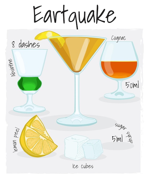 Illustrazione del cocktail del terremoto ricetta bevanda con ingredienti