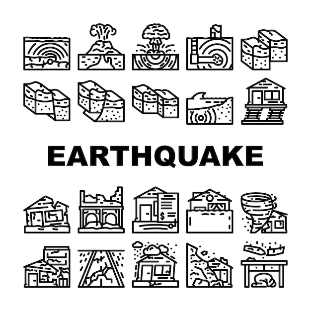 Earthquake damage destruction icons set vector quake disaster map city building country danger tragedy destroy people construction earth earthquake damage destruction black contour illustrations