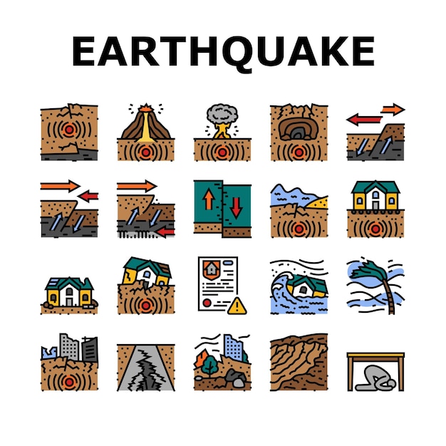 Earthquake disaster wave crack icons set vector