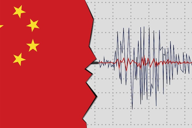 중국의 지진 자연 재해 뉴스 배너 플래그와 함께 지진파 아이디어