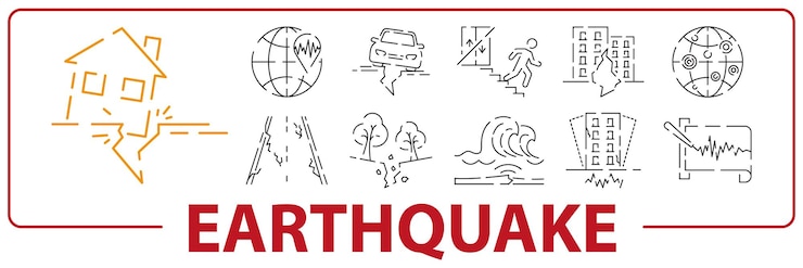 Vector earthquake line icons set pray for turkey central fault line centerline map of affected and earthquake shaking earthquake degree chart and map
