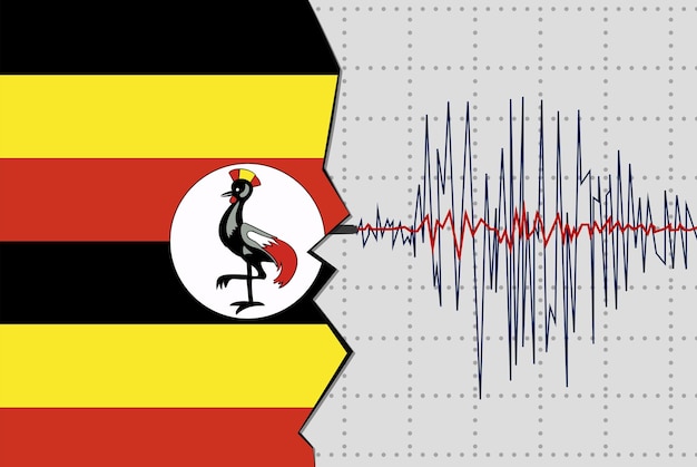 Землетрясение в Уганде, стихийные бедствия, новостной баннер, идея, сейсмическая волна с флагом