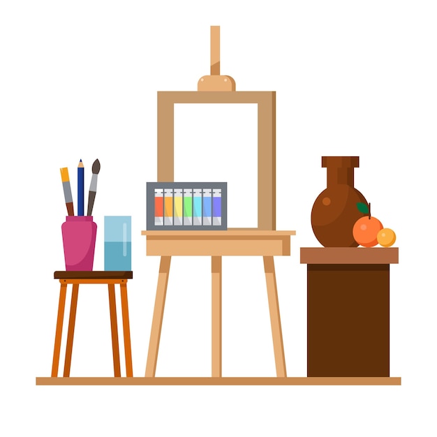 Vector easel for the artist oil paints still life flat style vector illustration