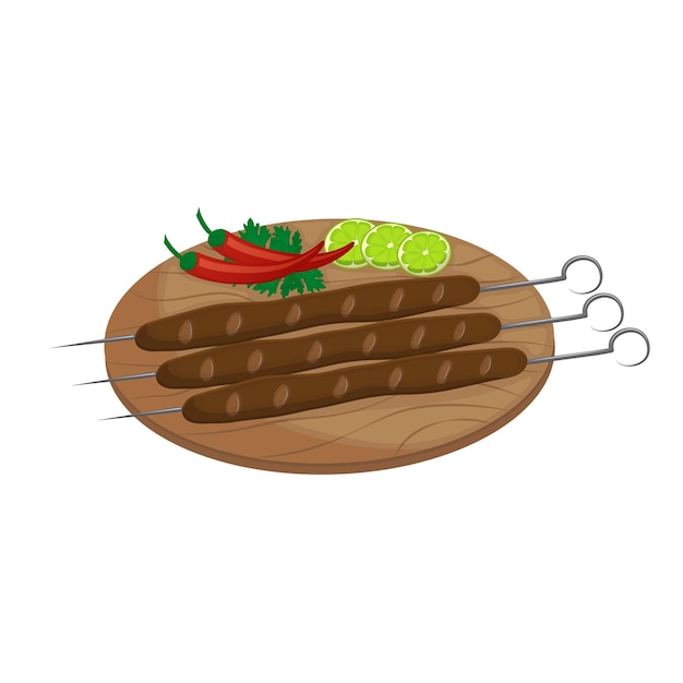 East Asian dish kebab Minced meat on skewer with lime greens Vector illustration Cartoon