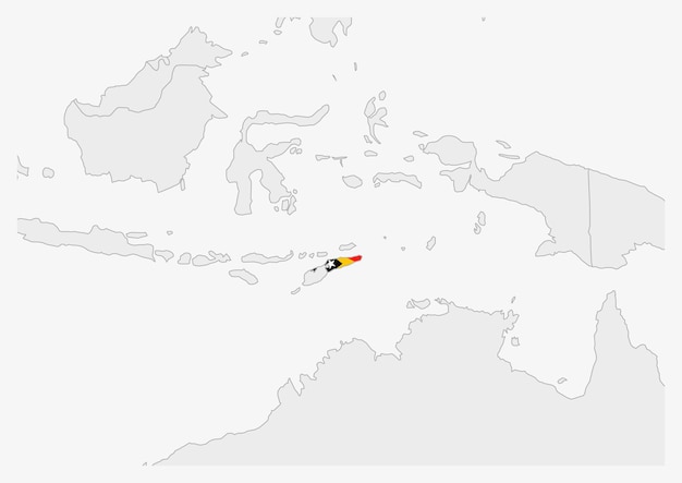 Vector east timor map highlighted in timorleste flag colors gray map with neighboring countries