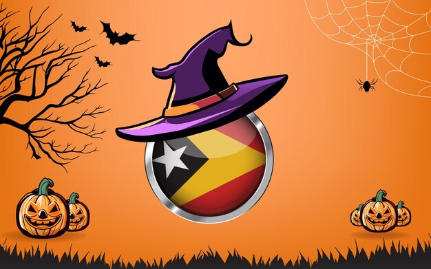 east timor round flag with Happy Halloween banner or party invitation background bats spiders and pumpkins orange background
