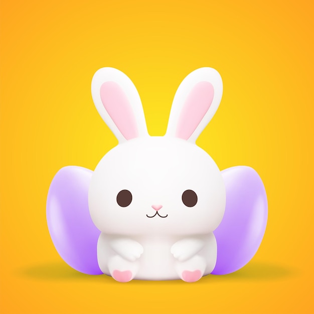 Vettore coniglio del bambino di pasqua con uova di gallina viola carattere kawaii icona 3d illustrazione realistica di vettore