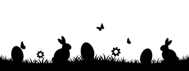 Easter background black silhouette of bunnies easter eggs butterflies flowers panoramic vector illustration egg hunt Ostern Ostermotiv Hintergrund