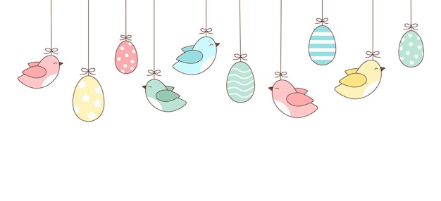 Easter background of colorful hanging eggs and birds