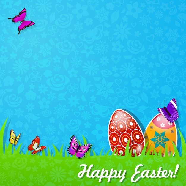 Vector easter background made of paper with grass, easter eggs and butterflies