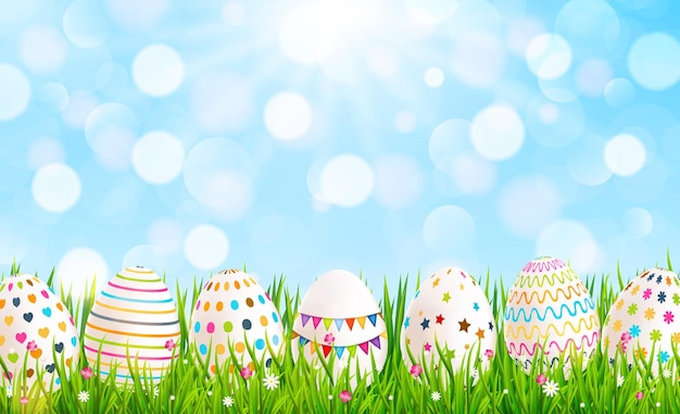 Vector easter background with colorful easter eggs on green grass vector illustration