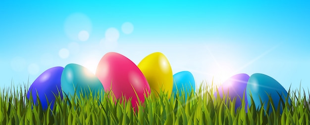 Vector easter background with colorful eggs in green grass