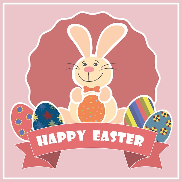 Easter Background with cute rabbit colorful eggs and a chick vector illustration