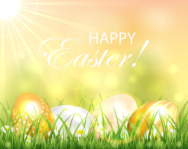 Vector easter background with golden eggs in the grass and bright sun, illustration.