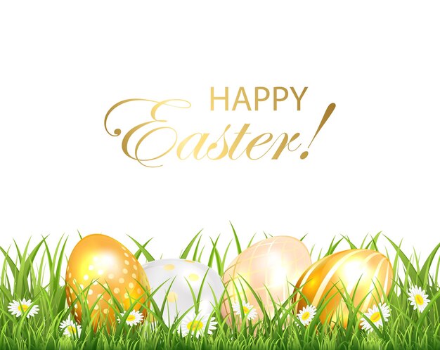 Easter background with golden eggs in the green grass on white background illustration