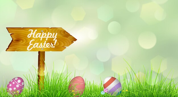 Vector easter background with grass, easter eggs, flowers and wooden pointer