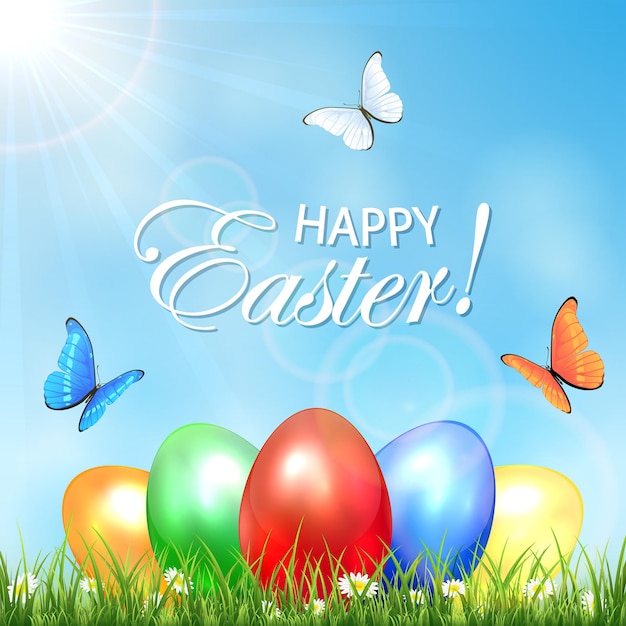 Easter background with multicolored eggs in the grass and flying butterflies, illustration.
