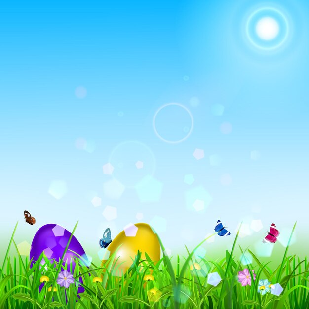 Sfondo di pasqua con cielo, sole, erba, uova di pasqua, fiori e farfalle