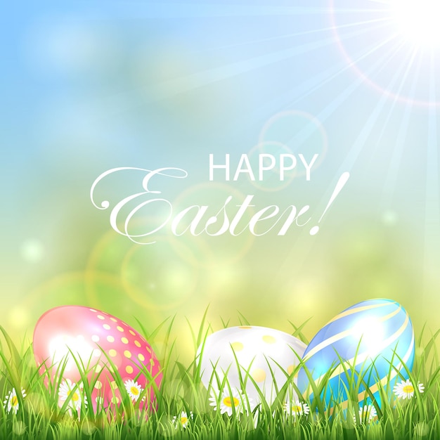 Easter background with three colorful eggs in the grass, illustration.