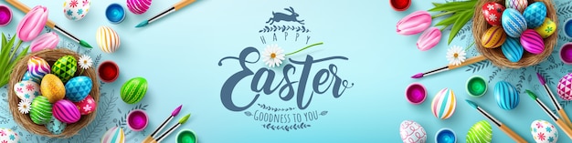 Easter  banner template with Easter eggs in the nest