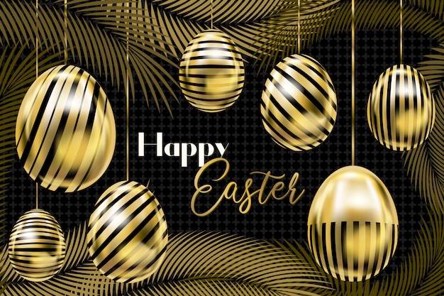 Vector easter banner with golden eggs on the ropes and palm