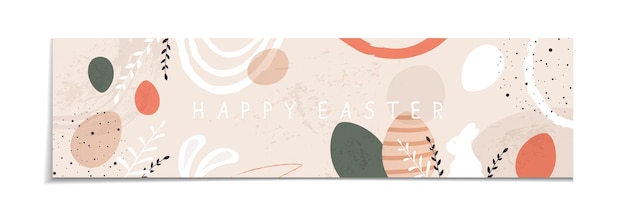 Vettore banner di pasqua con coniglio, orecchie, uova di festa e piante. lettering buona pasqua su sfondo grunge astratto. l'illustrazione con il coniglietto può essere utilizzata per il design delle vacanze, banner, biglietti di auguri.