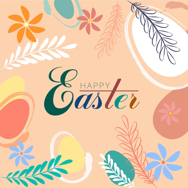Easter banner with stylized contour eggs and plant elements calligraphic inscription Happy Easter Fast banner or postcard in pasture colors