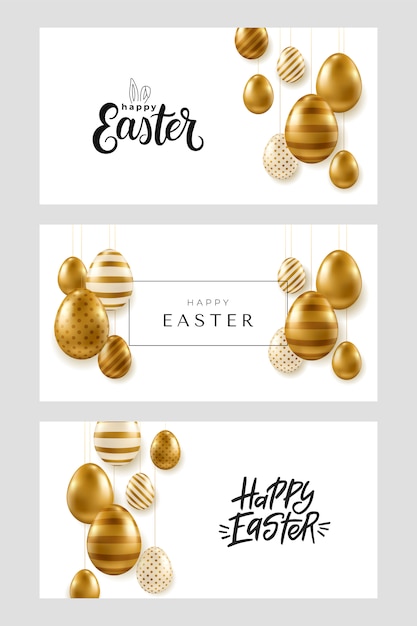 Easter banners. Realistic golden eggs on white background.