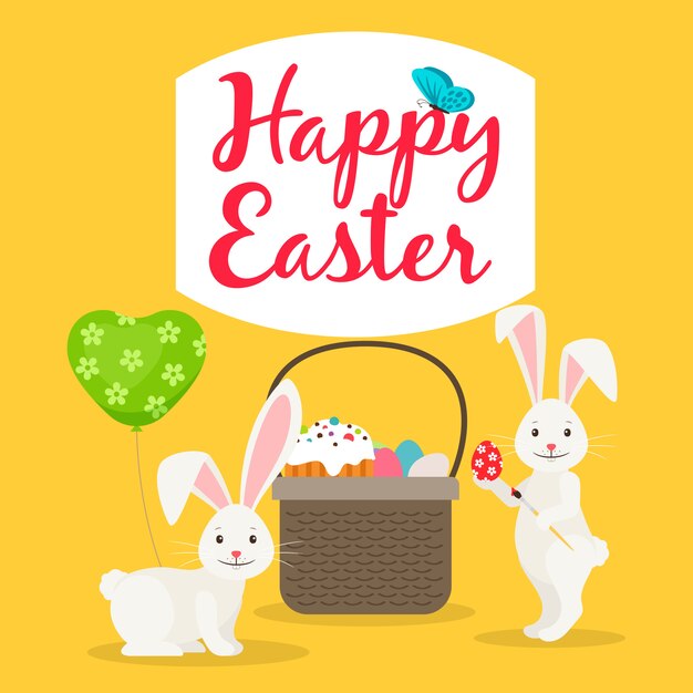 Easter basket and rabbits greeting card