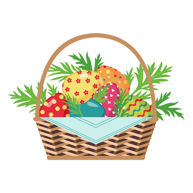 Easter basket full of colored eggs.