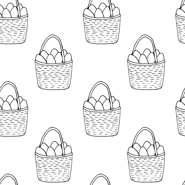 Vector easter basket seamless pattern happy easter hand drawn vector picnic basket with eggs doodle style pattern design for holiday decor textile home decoration wallpaper