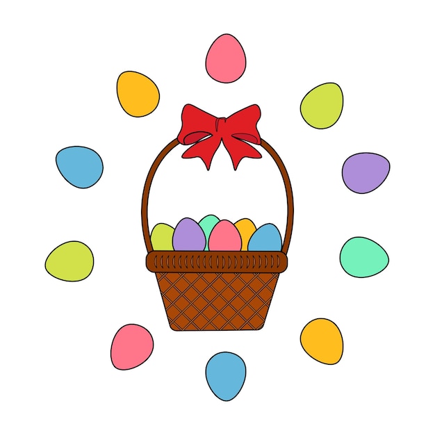 Easter basket with a circle of colored eggs