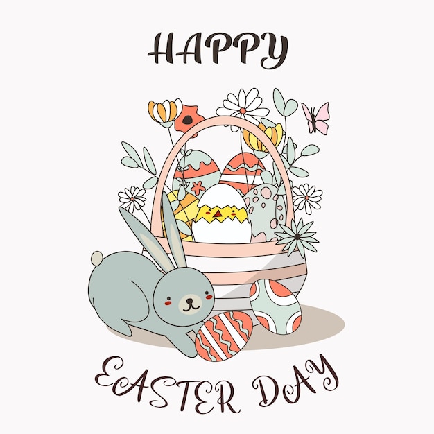 Vector easter basket with colorful easter eggs and cute rabbit and chicken a greeting card wicker basket spring flowers colorful eggs colorful vector illustration eps