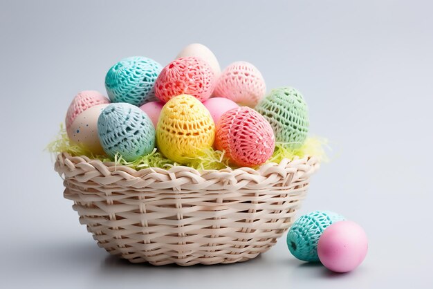 Easter Basket with Colorful Eggs and Chamomile Flowers isolated on white background