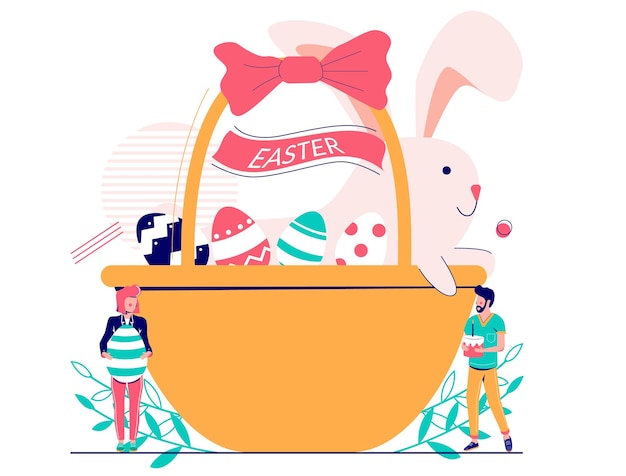 Easter basket with cute rabbit and painted eggs place for text man and woman with Easter cake and egg vector flat illustration Spring holiday festival composition for poster banner etc