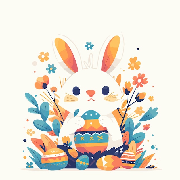 Vector easter basket with eggs and bunny decorated with flowers