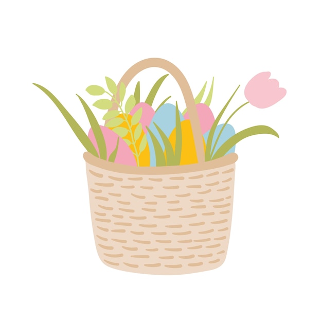 Easter basket with eggs and plants Hand drawn Easter greeting card Wicker basket with coloured eggs and flowers Design for textile greeting cards invitation home decor