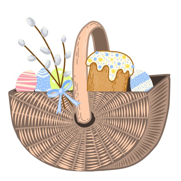 Vector easter basket with eggs willow branches and easter cake