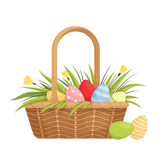 Easter basket with painted eggs, tulip and crocuses. Cartoon flat . Isolated on a white background.