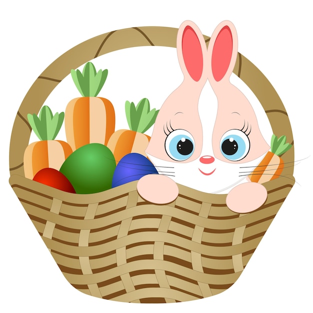 Easter basket with rabbit eggs and carrots