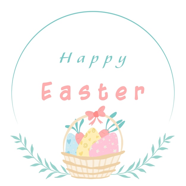 Vector easter basket with typography eggs carrots hand drawn basket eggs carrots and logo holiday wreath